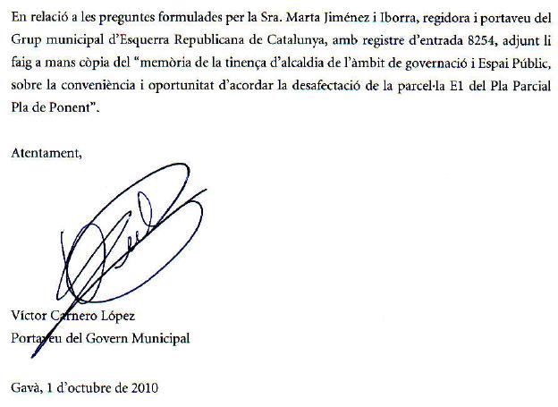 Respuesta del Ayuntamiento de Gav a la peticin formulada por ERC de Gav para recibir una copia de la memoria justificativa del CAP del Pla de Ponent (1 Octubre 2010)